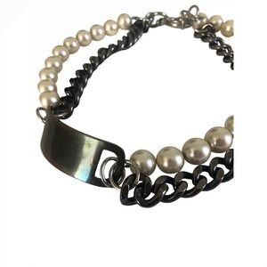 BARNEY's NY Pearl Gunmetal Curb Chain ID Plate Necklace Edgy Grunge Style